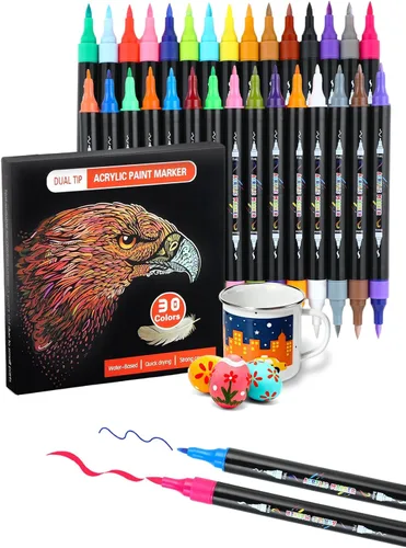 Brled Marcadores de pintura acrílica de 30 colores, bolígrafos de pintura acrílica de doble punta con pincel y puntas finas para adultos, huevo de