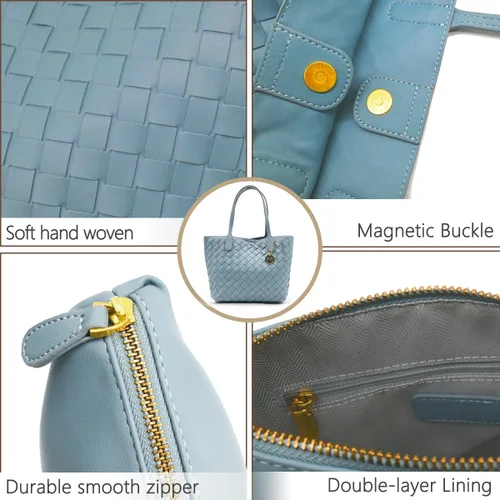 Miniatura 5 de PS PETITE SIMONE Bolso tejido para mujer, bolso de mano de cuero vegano Ella pequeño bolso de hombro, Azul