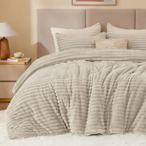 Miniatura 7 de BEDELITE - Juego de edredón de forro polar tamaño individual: ropa de cama supersuave y cálida en color beige, juego de cama de lujo esponjoso