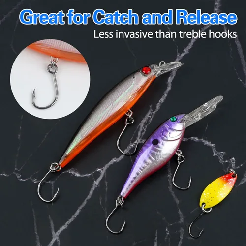 Miniatura 7 de Inline Single Hooks, Inline Fishing Hooks for Treble Hook Replacement Lures Plugs Baits Large Eye with Barbed Saltwater Freshwater Fishing, #4#2#1