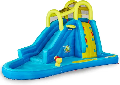 Parque acuático inflable marca Banzai con piscina tipo laguna, tobogán y cañón