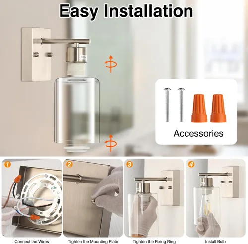 Miniatura 6 de 2 paquetes de apliques de pared para baño, luces de tocador de níquel cepillado, lámpara de pared moderna con pantalla de vidrio transparente