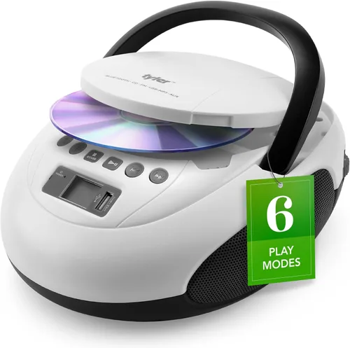 Tyler Reproductor de CD portátil Boombox con radio FM, Bluetooth y puerto USB | Sonido estéreo claro | Compatible con CD-R/RW y MP3 CDs | Entrada