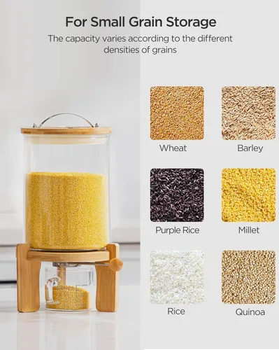 Miniatura 5 de HBlife Dispensador de arroz de vidrio de 5 a 7 libras con soporte de madera, contenedor de harina y cereales con taza medidora de vidrio, despensa
