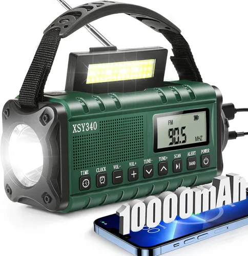 Radio de emergencia NOAA de alerta meteorológica con energía solar y manivela de mano USB-C carga portátil radio AM/FM 3W, lámpara de lectura,