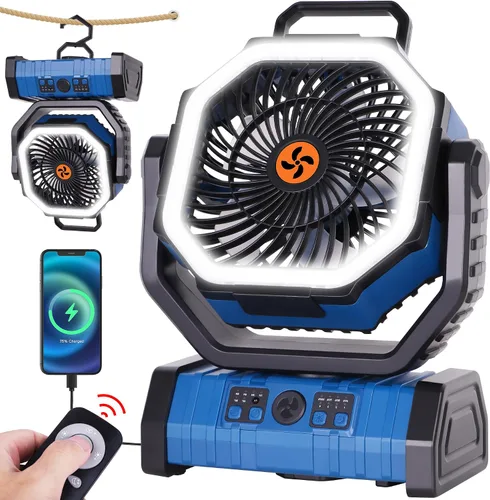 Ventilador portátil alimentado por batería, ventilador de campamento recargable de 20000 mAh, funciona con pilas con linterna LED, ventilador de Azul