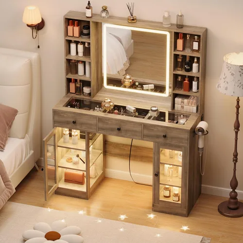 Miniatura 3 de HUANLEGO Tocador Negro con Espejo y Luces, Tocador con Superficie de Cristal con Espejo Iluminado y Gabinete de Vidrio RGB y 3 Cajones, Tocador