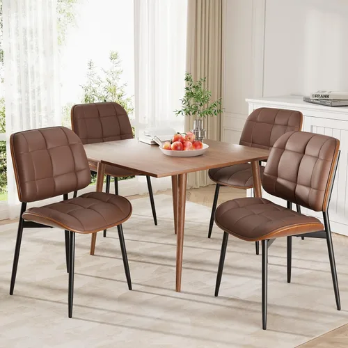 Miniatura 13 de Silla de comedor, moderna de mediados de siglo con cojín grueso, sillas de cocina tapizadas de piel sintética con respaldo de madera curvada de Beige