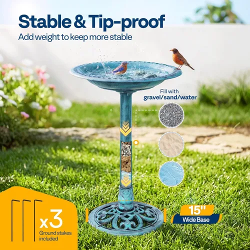 Miniatura 2 de VIVOHOME baño para pájaros, de polirresina, de 28 pulgadas de alto, antiguo, para exteriores, para el jardín, con base con flores, azul