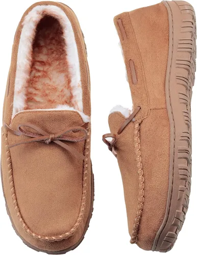 VLLY Mocasines para hombre acogedoras pelo forrado con microfibra superior para interior y exterior, zapatillas para casa tipo mocasín