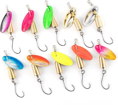 Miniatura 10 de Dr.Fish Paquete de 10 señuelos giratorios de pesca en línea con un solo gancho para trucha, spinnerbait, kits de señuelos Bass Crappie Salmón Kit