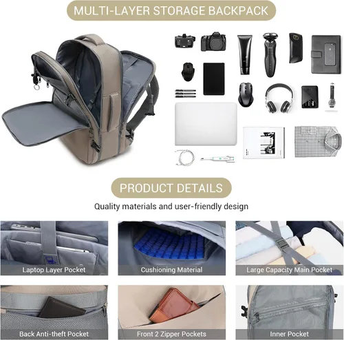 Miniatura 4 de MOLNIA Mochila de viaje expandible de 50 L para mujeres y hombres, artículos esenciales de viaje de mano, aprobada para vuelos, se adapta a mochila