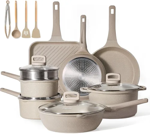 CAROTE Juego de ollas y sartenes antiadherentes de inducción, juego de utensilios de cocina de 16 piezas, apilables, granito gris pardo