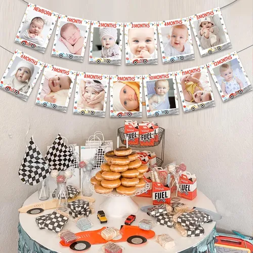 Miniatura 4 de Decoración de fiesta de primer cumpleaños de coche de carreras, pancarta de fotos Fast One Photo Banner con temática de carreras para el primer