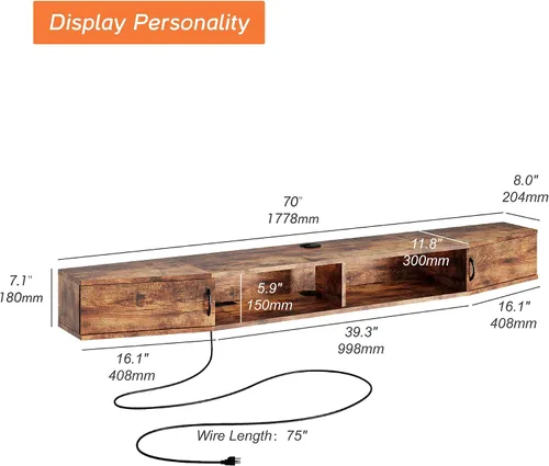 Miniatura 6 de WAMPAT Estante flotante de TV de 70 pulgadas con estación de carga, soporte de TV montado en la pared, soporte de consola multimedia con gabinete