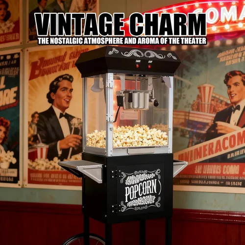 Miniatura 7 de Máquina de palomitas de maíz con carrito, con ruedas, cuchara de aceite de acero inoxidable, carrito móvil con taquillas para cine en casa Negro