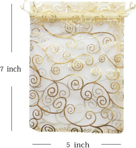 Miniatura 3 de 100 bolsas de regalo de 5 x 7 pulgadas, ratán dorado, tela de tul transparente de organza, bolsas de malla con cordón para regalos de baby shower
