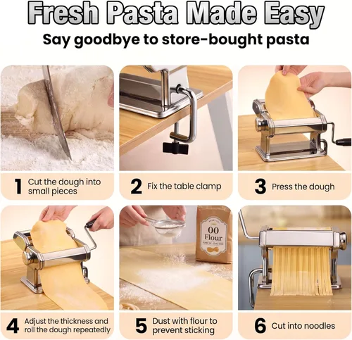 Miniatura 7 de Sailnovo Máquina para hacer pasta, máquina para hacer pasta de rodillo 180, 9 ajustes de grosor ajustables, máquina de fideos 2 en 1 con rodillos