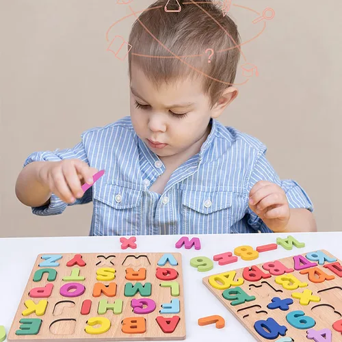 Miniatura 6 de Rompecabezas de madera para niños pequeños, paquete de 3 rompecabezas con forma del alfabeto para niños de 3 años Montessori de madera para niños