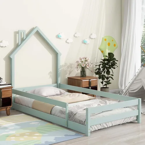 Miniatura 11 de Cama Montessori de madera tamaño individual con cabecera y cercas en forma de casa, cama de plataforma completa para niños, niñas, niños, altura Gris
