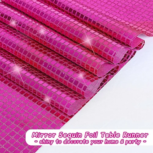 Miniatura 4 de Durony Paquete de 2 caminos de mesa disco de 11 x 108 pulgadas, espejo rosa intenso con laminado de purpurina y lentejuelas brillantes