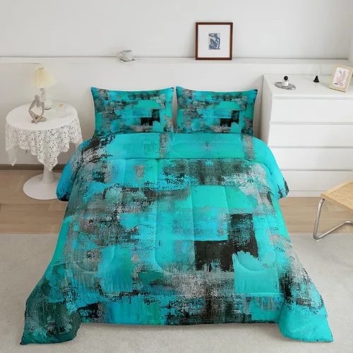 Miniatura 2 de Erosebridal Juego de ropa de cama de teñido anudado verde azulado, juego de edredón tamaño Queen, color turquesa, degradado, abstracto, grunge
