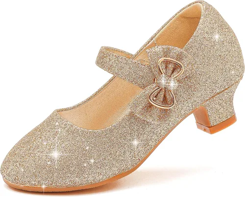 Dufannie Zapatos de vestir para niñas, zapatos de tacón bajo de princesa, zapatos planos con purpurina para bodas y fiestas