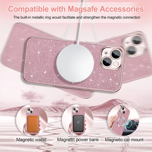 Miniatura 5 de Hython Funda para iPhone 15 Plus con purpurina, fundas magnéticas transparentes para teléfono con protector de lente de cámara