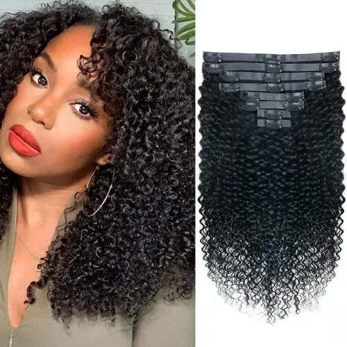 Miniatura 24 de Extensiones de cabello humano rizado con clip, 3C 4A, rizado con clip, cabeza completa, para mujeres negras, cabello humano brasileño Remy