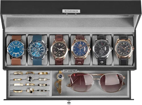 Miniatura 58 de SONGMICS UJWB012 - Caja de reloj de 12 ranuras, caja de reloj con cerradura con tapa de vidrio, 2 capas, con 1 cajón para anillos, pulseras, idea