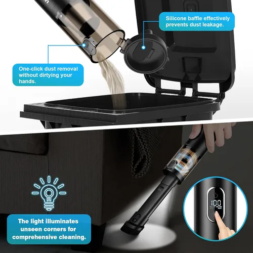 Miniatura 4 de Upbooz Aspiradora de mano inalámbrica con 14000 PA potente succión con luz LED, plumero de aire 2 en 1, aspiradora portátil recargable de bajo ruido