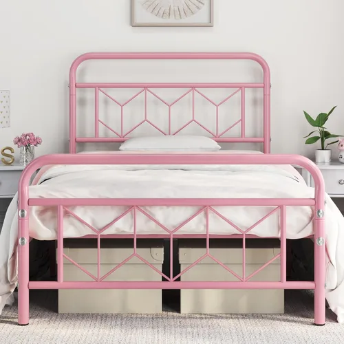 Topeakmart Base de cama individual de metal con cabecera de estilo vintage, base de colchón, no necesita somier, almacenamiento debajo de la cama,