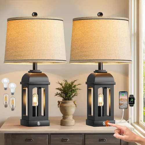 Miniatura 12 de QiMH Lámpara de mesa para sala de estar, lámparas de granja con USB A+C y luz nocturna, lámparas de noche rústicas de 26" con control táctil