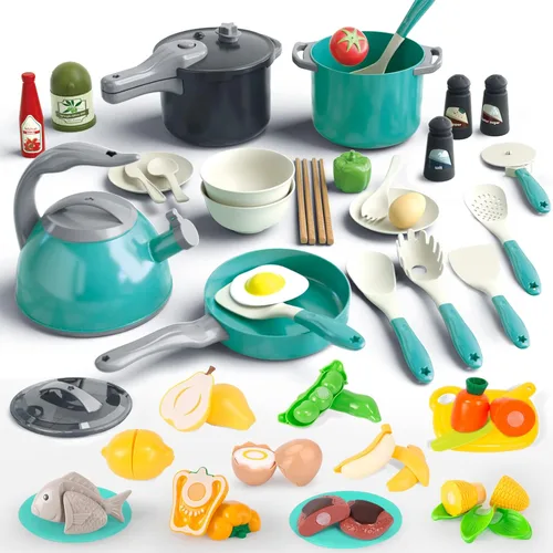 Miniatura 20 de Bruvoalon Juego de 32 juguetes de cocina para niños, accesorios de cocina con ollas, sartenes, utensilios de cocina, alimentos, verduras enlatadas