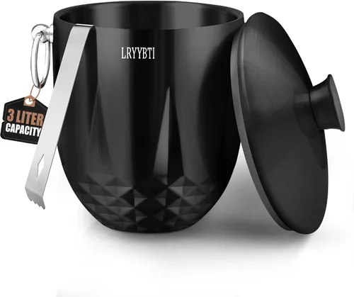 Cubos de hielo de 3L para fiestas y bar de cócteles con tapa de acero inoxidable, pinzas y colador (negro) Cubo de hielo de metal aislado de doble