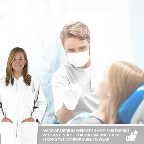 Miniatura 5 de Medical Nation Paquete de 10 abrigos de laboratorio desechables Abrigo de laboratorio duradero de 1.76 oz SMS hasta la rodilla, reutilizable