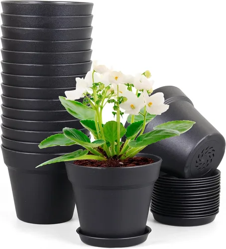 Meowell Macetas pequeñas de plástico de 4 pulgadas, paquete de 16 macetas para plantas de interior y exterior, macetas con agujeros de drenaje y