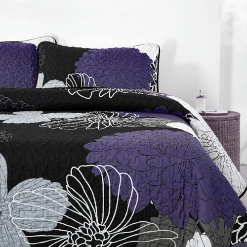 Miniatura 4 de Juego de edredón floral morado, tamaño Queen, juego de edredón de 3 piezas con patrón de flores moradas, colcha acolchada ligera de microfibra suave