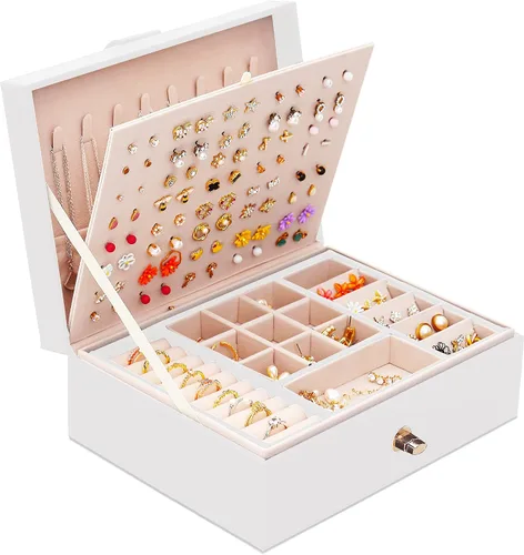 QBestry Organizador de aretes para niñas, caja de joyería blanca para aretes, collares, organizador de joyas, tachuelas, caja de aretes para mujer,