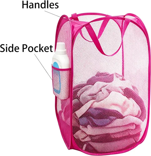 Miniatura 4 de Larpur Cesta desplegable para lavandería, plegable, portátil, de malla, con asas de transporte reforzadas (rosa)