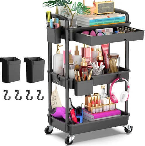 Goovilla Organizador de carrito utilitario de 3 niveles con cajón extraíble, carritos de almacenamiento rodantes negros estables y resistentes con 2