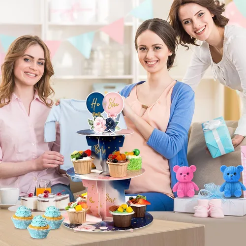 Miniatura 6 de Faccito Decoración de soporte para cupcakes para fiesta de revelación de género, azul y rosa de 3 niveles para baby shower, suministros de cartón