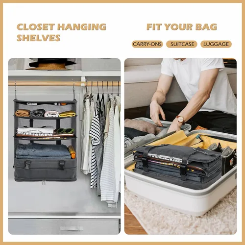 Miniatura 2 de Surblue Bolsa de almacenamiento plegable para armario, 3 estantes, tela Oxford lavable con 2 ganchos (XL 17.71 x 11.81 x 20 pulgadas, gris)