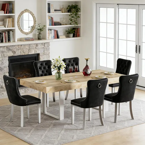 Miniatura 41 de Juego de mesa de comedor extensible de 5 piezas para 4, mesa de cocina de madera marrón de 63-78.7 pulgadas con 4 sillas acolchadas beige, juego