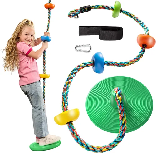 Jungle Gym Kingdom Columpio de Árbol para Niños - Asiento de Disco Individual y Set de Cuerda de Escalada Arcoíris con Mosquetón y Correa de 2.6
