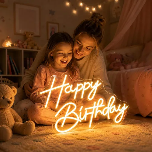 Miniatura 6 de Letrero de neón de feliz cumpleaños, luces de neón LED regulables, para fiesta de cumpleaños, letreros de neón para decoración de pared, alimentados