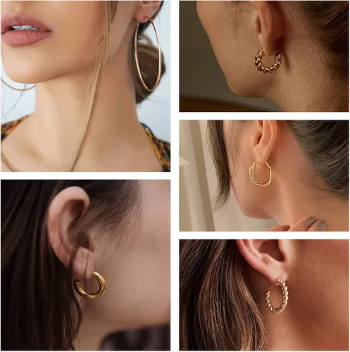 Miniatura 6 de 36 pares de aretes de aro dorados para mujeres y niñas, paquete múltiple de aretes de aro dorados gruesos, hipoalergénicos grandes y pequeños, juego