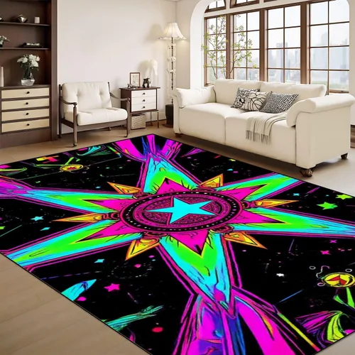 Miniatura 12 de Alfombra lavable de 8 x 10 pies para sala de estar, grande, suave, luz negra, sol, neón, reactiva a los rayos UV, luna celestial, estrella, planeta