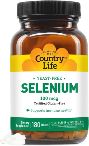 Country Life Selenio, Sin Levadura, Apoya la Salud Inmune, 100 mcg, 180 Tabletas, Sin Gluten, Vegano, Halal