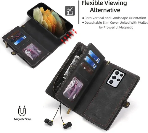 Miniatura 4 de Asuwish Funda de teléfono para Samsung Galaxy S21 Ultra 5G con cremallera, funda desmontable con protector de pantalla de vidrio templado